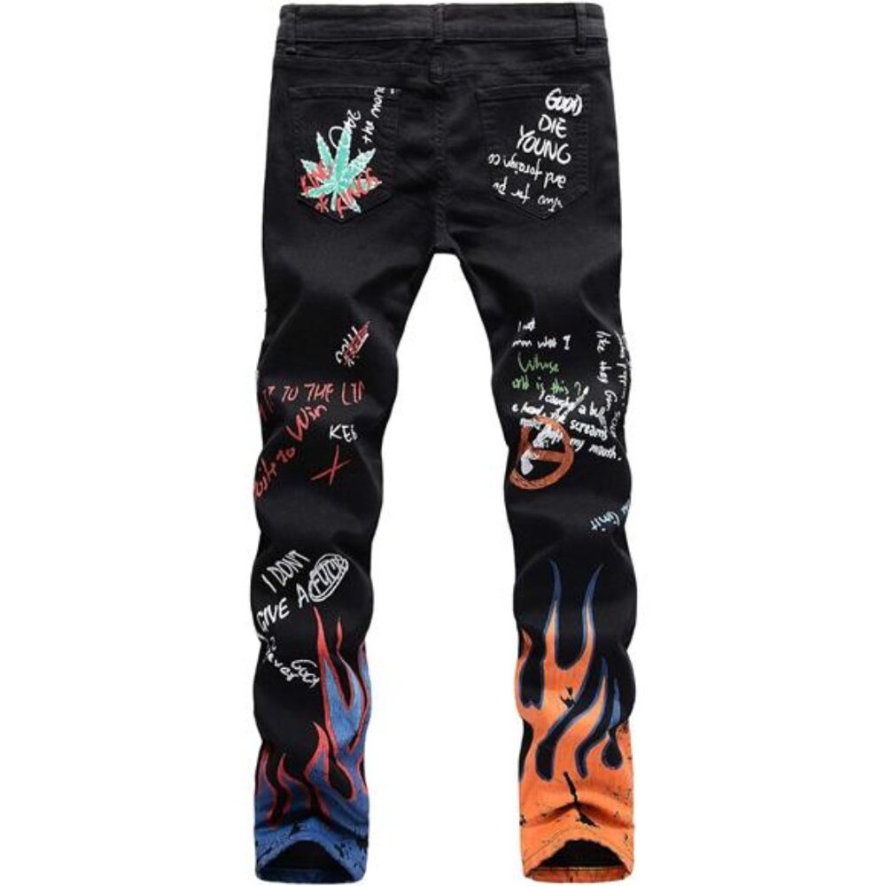 NEW w Tags 3D Painted Graffiti Jeans Men's Pants Streetwear Jeans Slim Fit - Picture 2 of 8